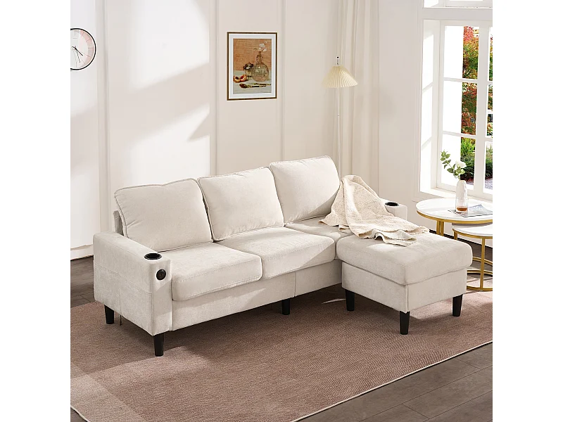 Canapé d'angle droit - Canapé avec 2 porte-gobelets et chargeur USB - lin beige