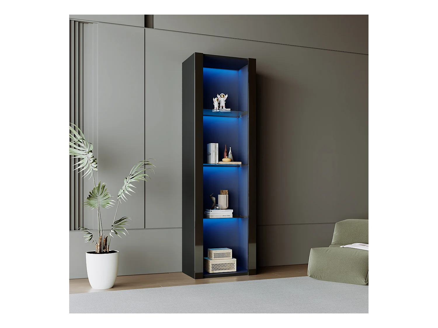 Vitrine noir - Vitrine avec lumières LED et 3 étagères en verre - pour salon et chambre
