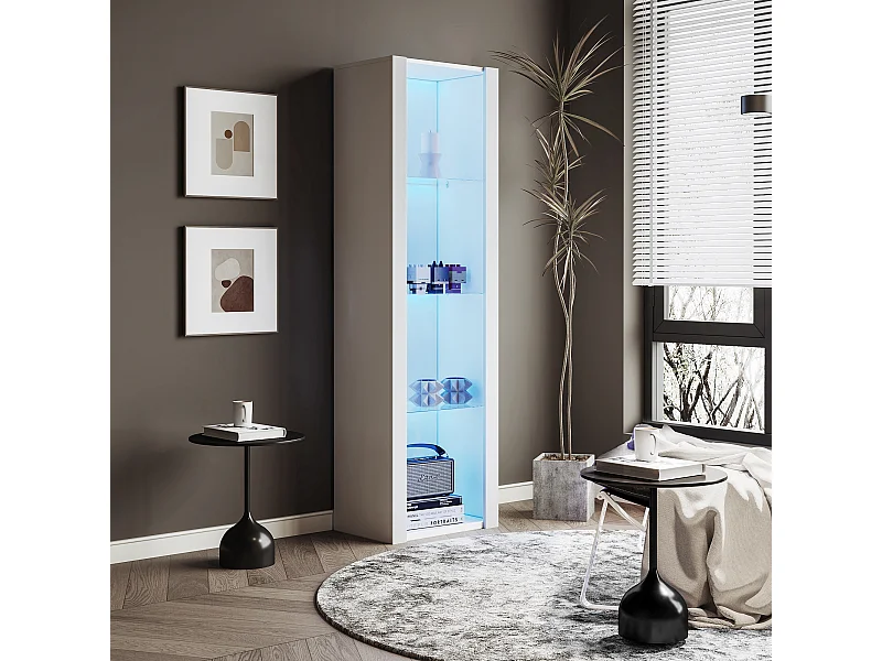 Vitrina blanca - Vitrina con luces LED y 3 estantes de cristal - para salón y dormitorio