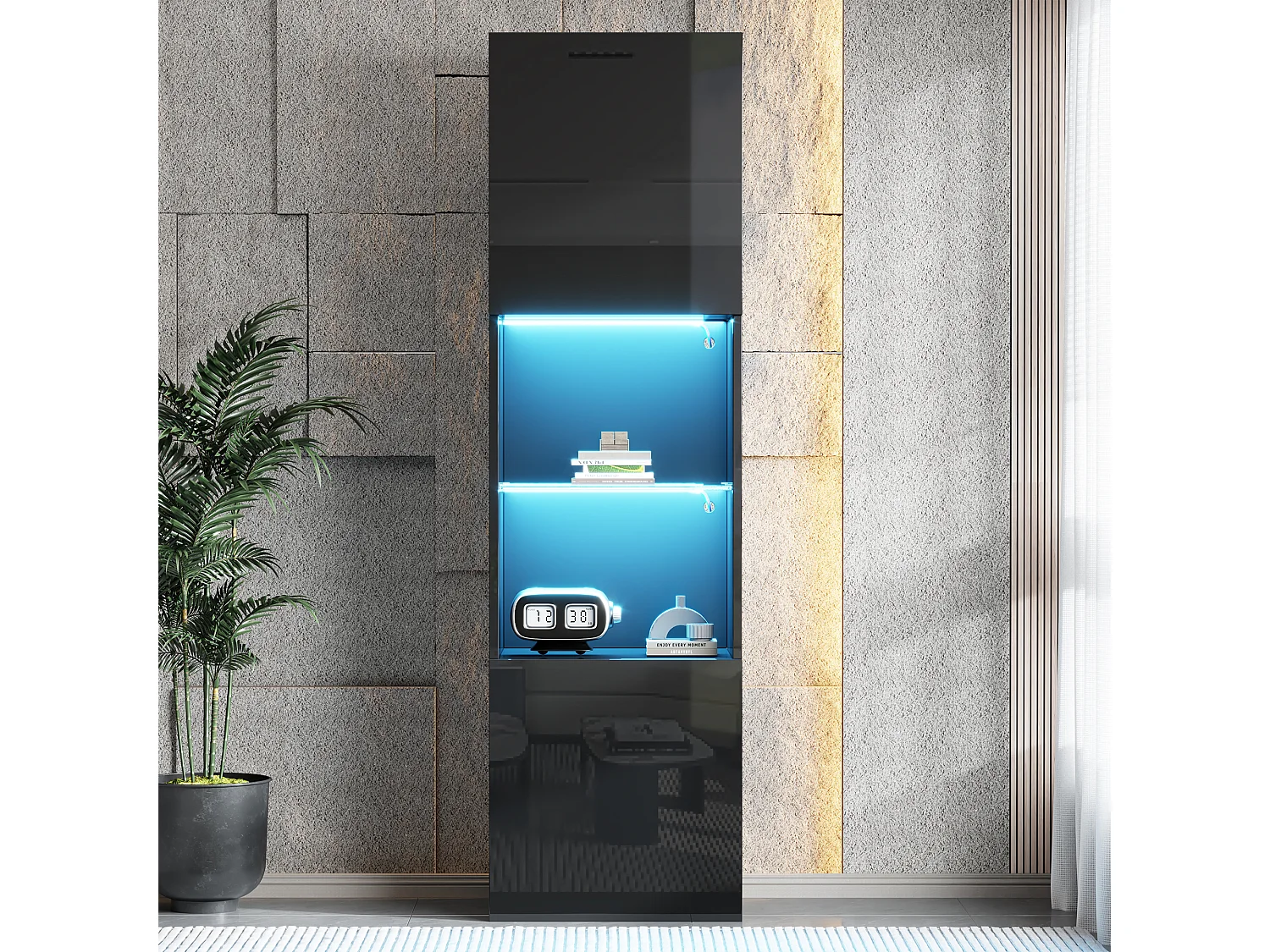 Schwarze Vitrine - Vitrine mit 2 Türen und LED-Leuchten - offene aufbewahrung - für wohnzimmer und schlafzimmer