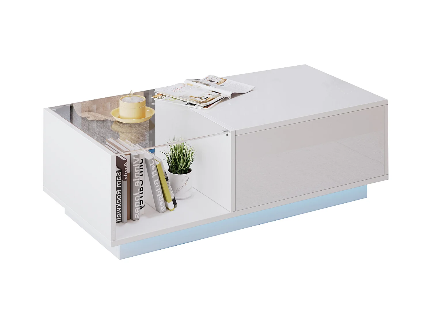 Tavolino da caffè bianco - Tavolino laterale con illuminazione a LED e altezza regolabile - contenitori e ripiani nascosti - per soggiorno