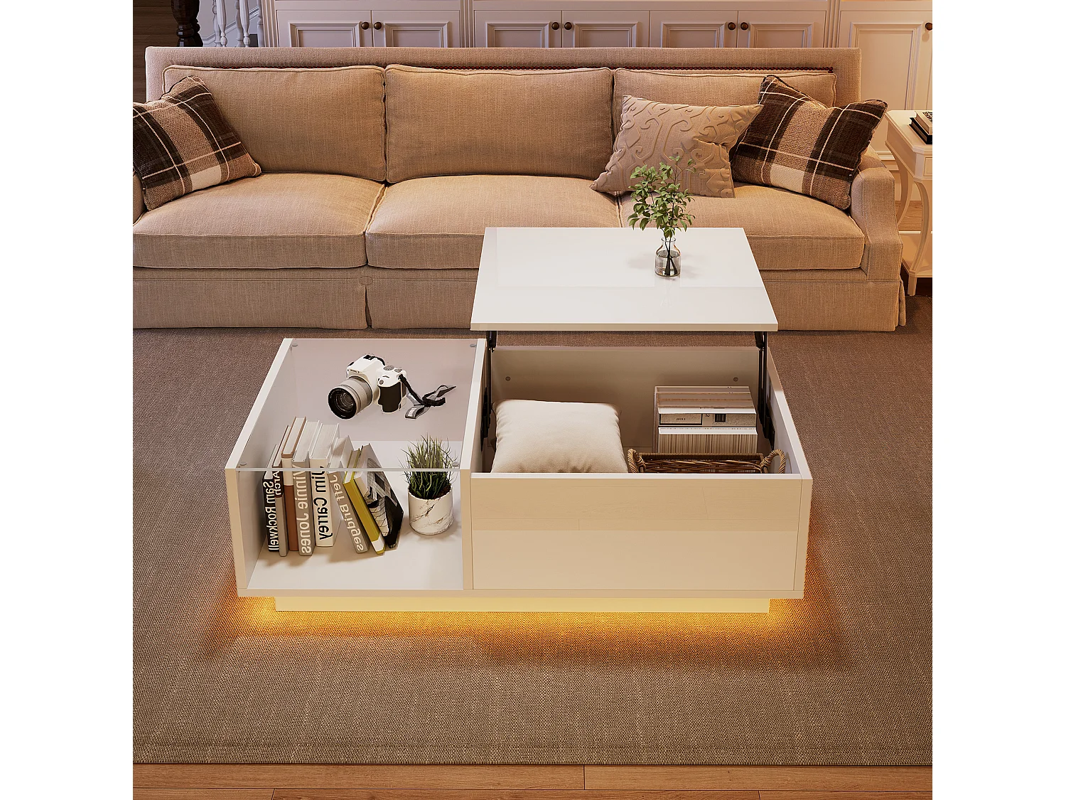 Table basse blanche - Table d'appoint avec éclairage LED et hauteur réglable - rangements et étagères cachés - pour le salon