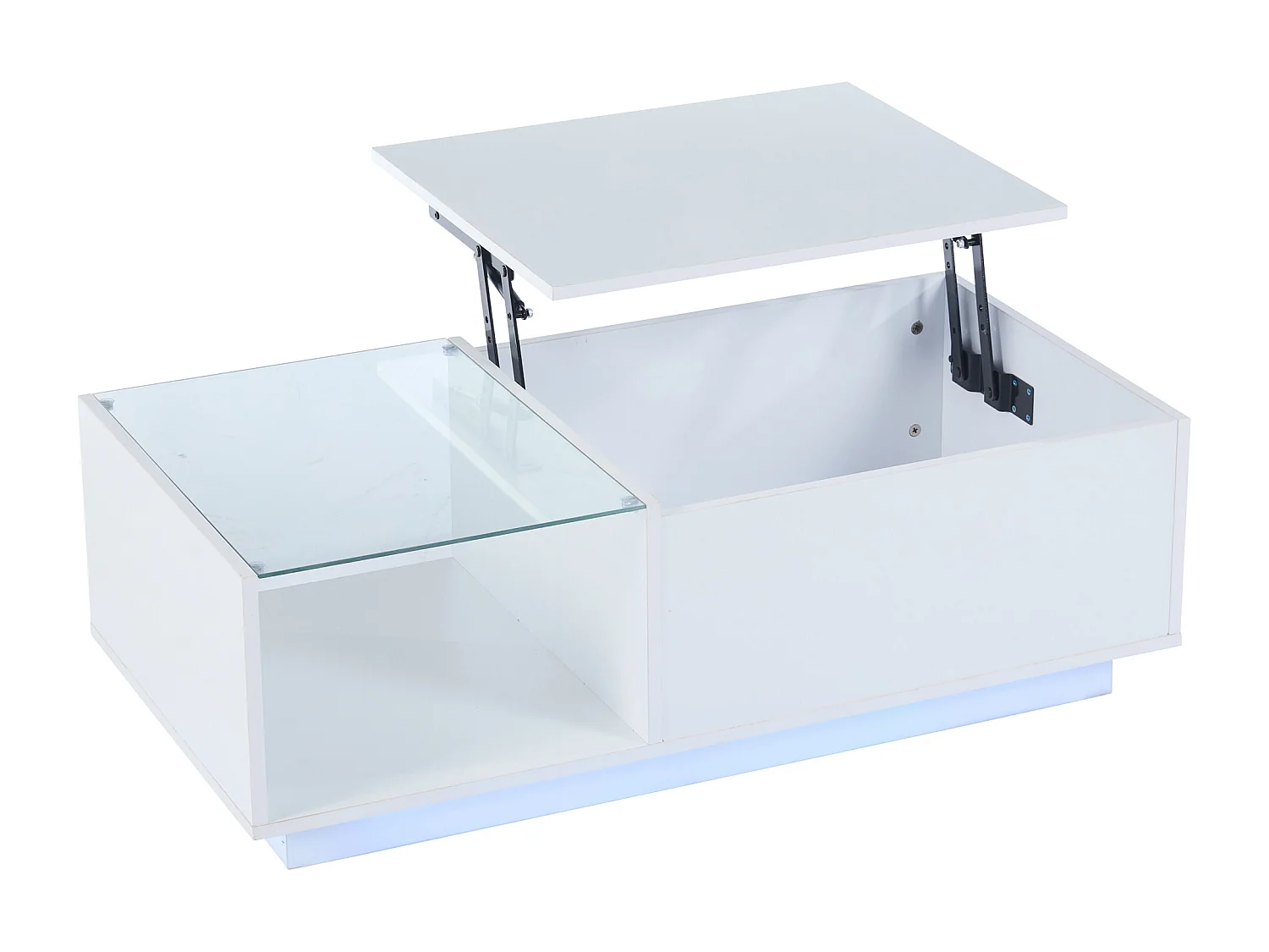 Table basse blanche - Table d'appoint avec éclairage LED et hauteur réglable - rangements et étagères cachés - pour le salon