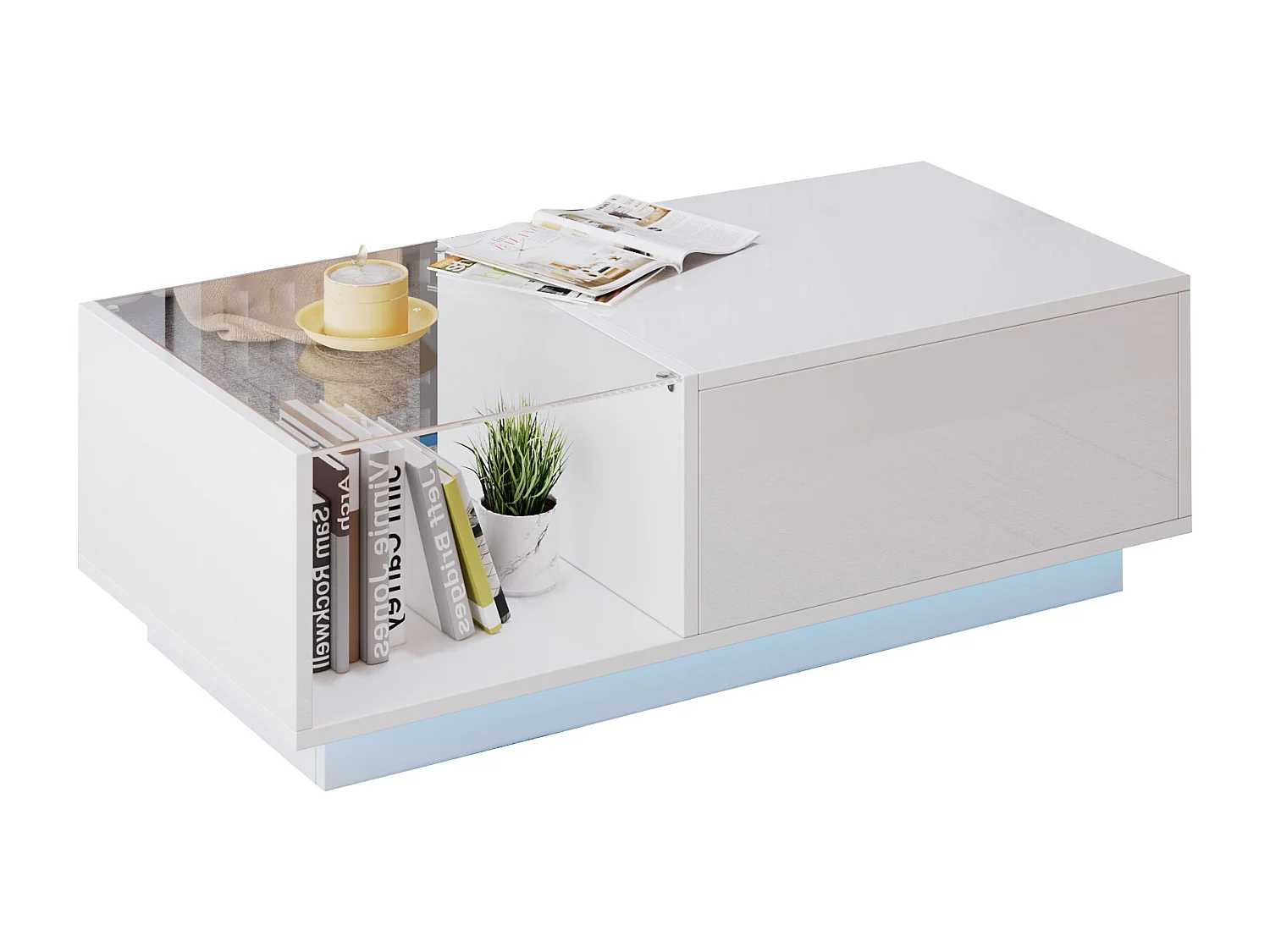 Table basse blanche - Table d'appoint avec éclairage LED et hauteur réglable - rangements et étagères cachés - pour le salon