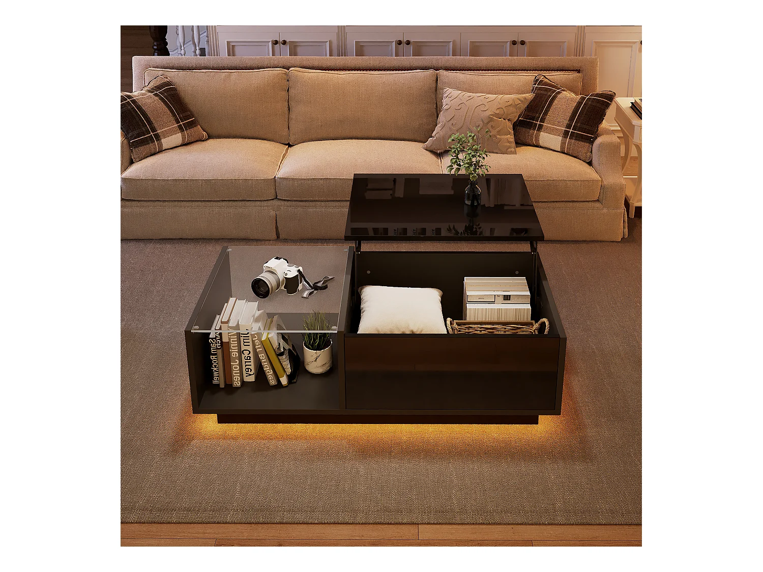 Table basse noir - Table d'appoint avec éclairage LED et hauteur réglable - rangements et étagères cachés - pour le salon