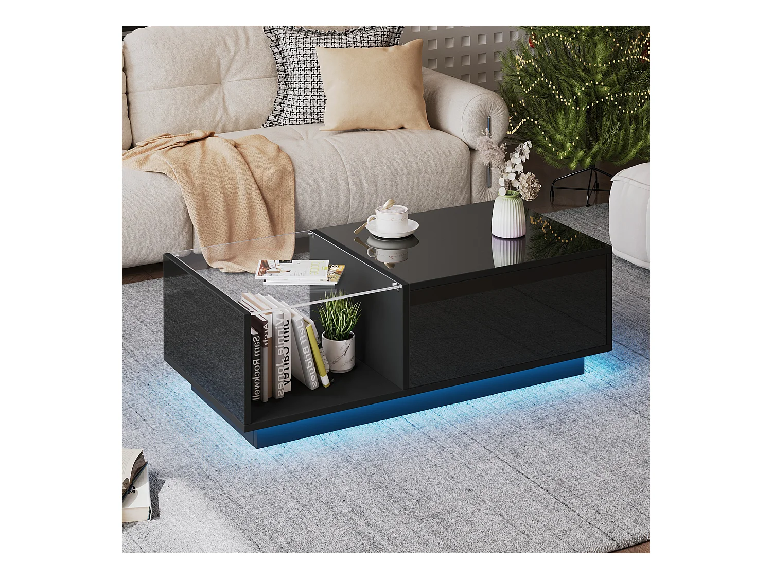 Table basse noir - Table d'appoint avec éclairage LED et hauteur réglable - rangements et étagères cachés - pour le salon