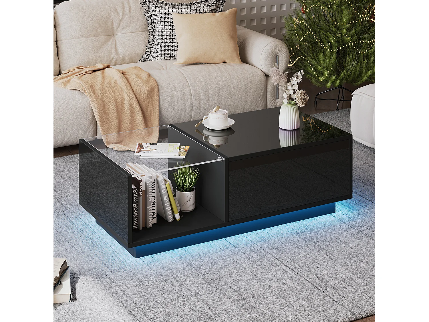 Table basse noir - Table d'appoint avec éclairage LED et hauteur réglable - rangements et étagères cachés - pour le salon