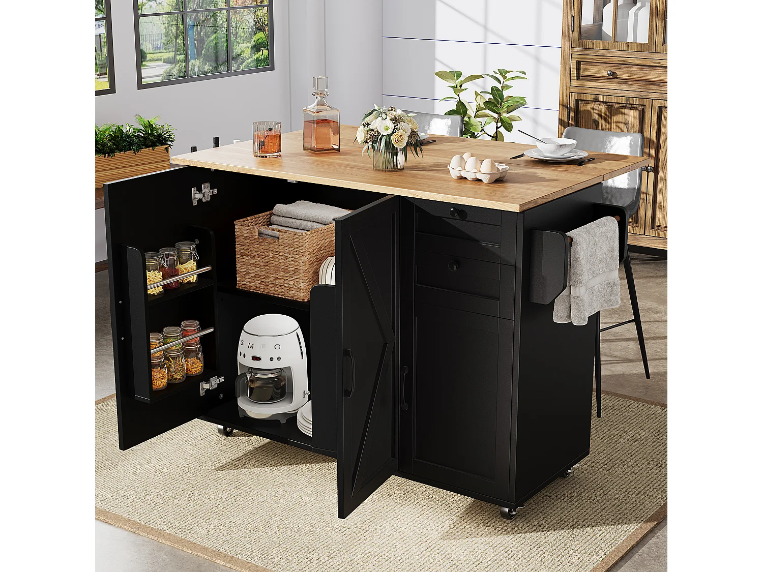 Carrello da cucina nero - Isola da cucina mobile con porta spezie e 3 ante - portasciugamani e cassetto - per cucina