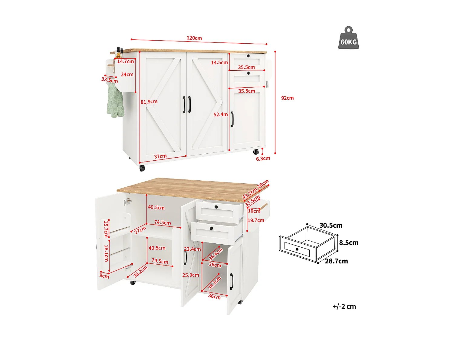 Carrito de cocina blanco - Isla de cocina móvil con especiero y 3 puertas - toallero y cajón - para cocina