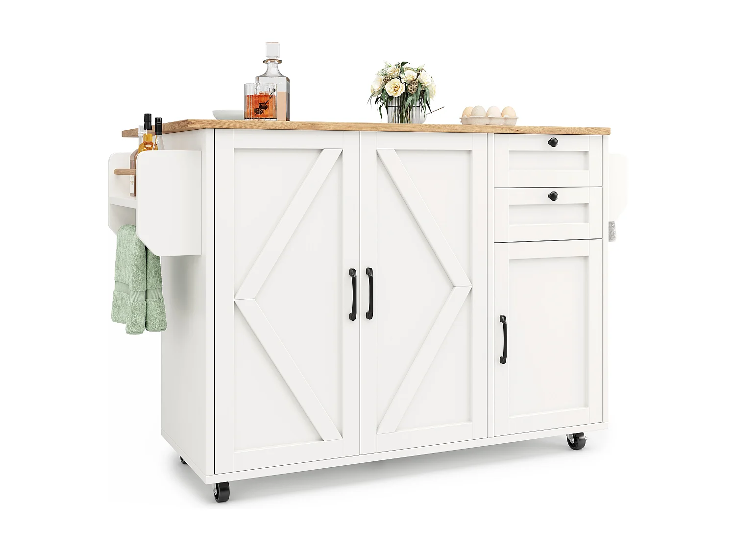 Carrito de cocina blanco - Isla de cocina móvil con especiero y 3 puertas - toallero y cajón - para cocina