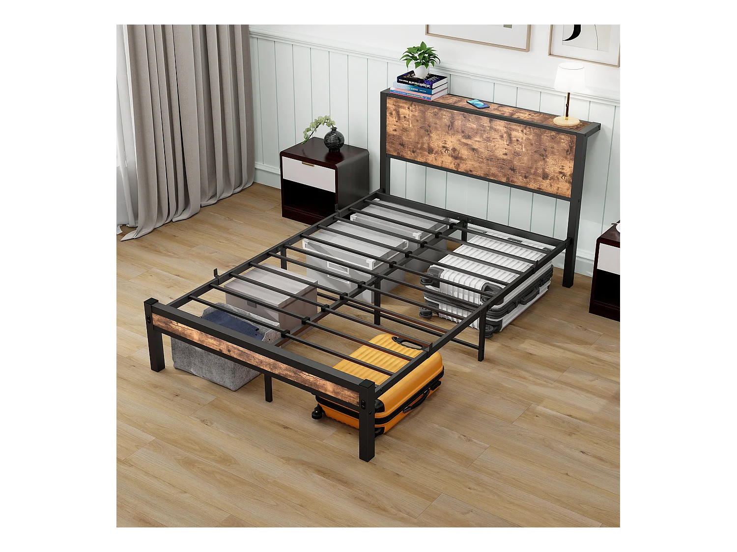 Lit enfant 120x200 cm - Cadre de lit avec tête de lit et rangement sous le lit - marron - sans matelas