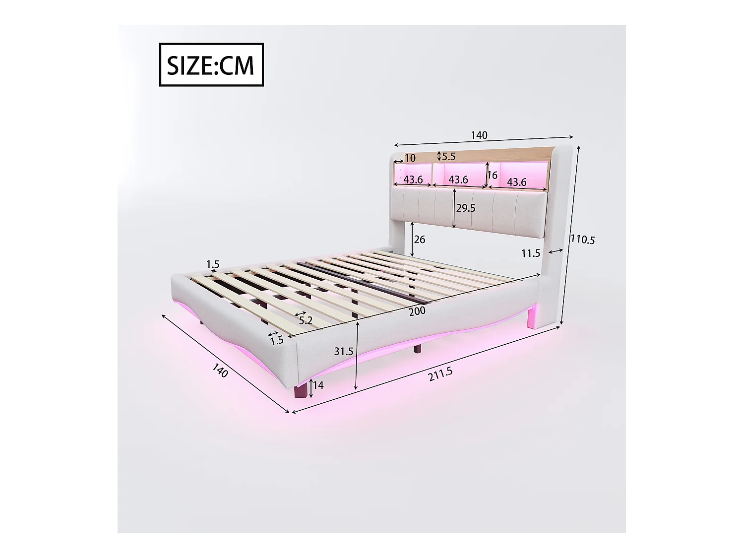 Erwachsenenbett 140x200 cm - Bettrahmen mit LED-Beleuchtung und USB-Ladefunktion - offener stauraum - beiges leinen