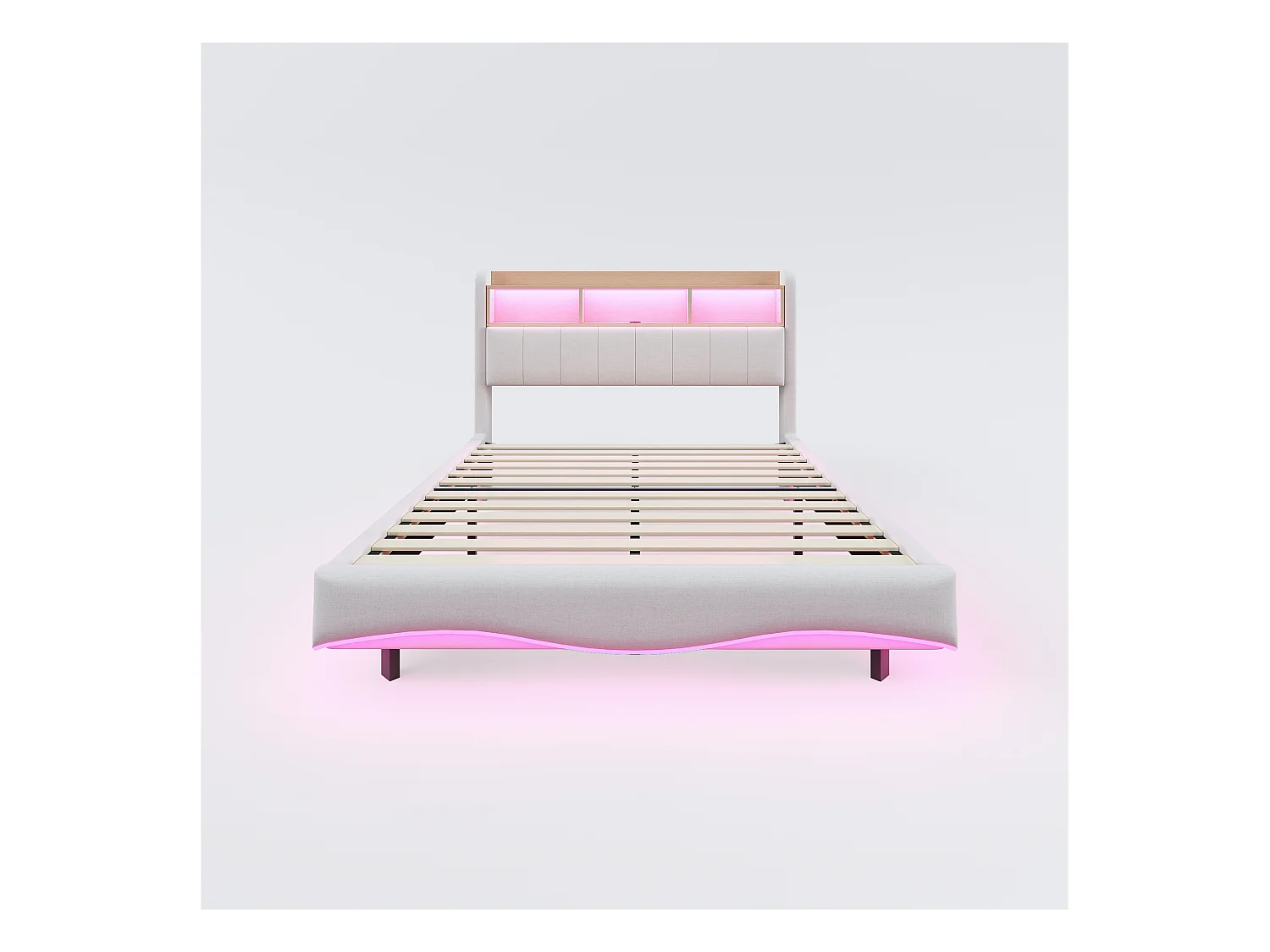 Łóżko dla dorosłych 140x200 cm - łóżko podwójne z oświetleniem LED i ładowaniem USB - schowek - beżowy len