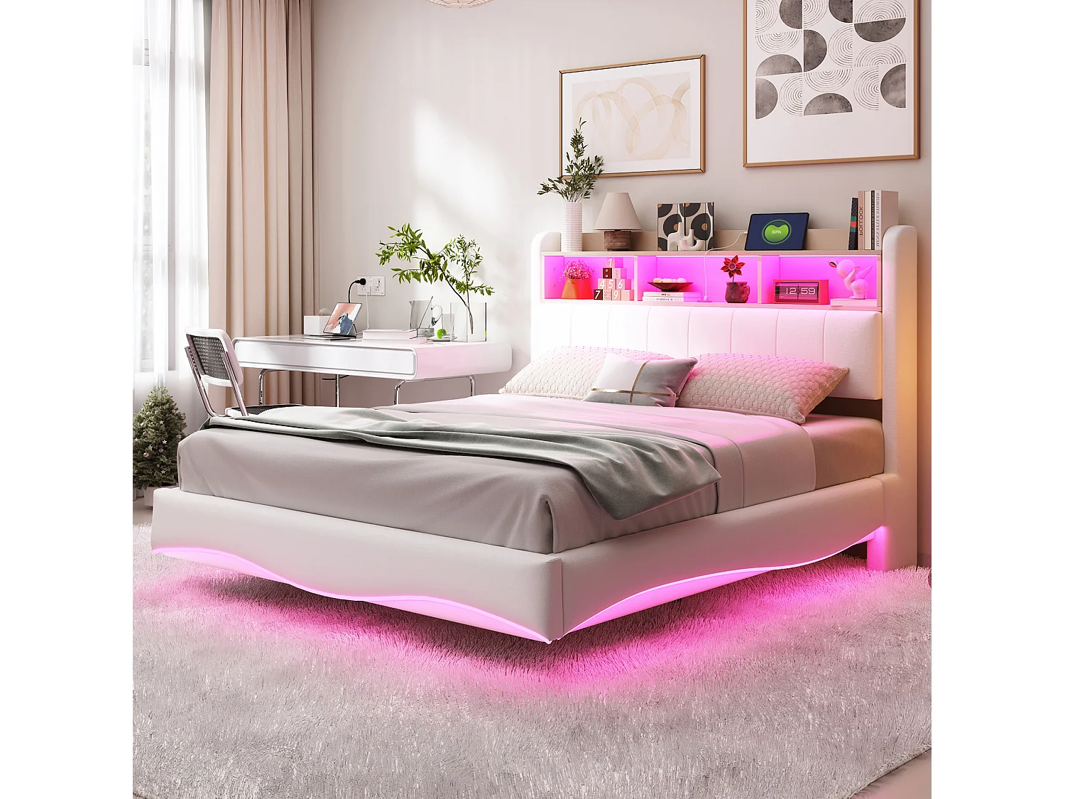 Łóżko dla dorosłych 140x200 cm - łóżko podwójne z oświetleniem LED i ładowaniem USB - schowek - beżowy len