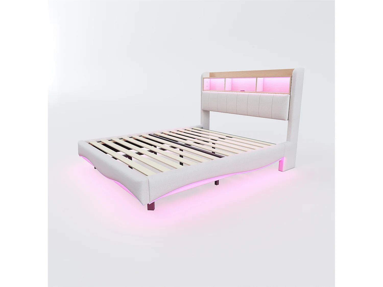 Łóżko dla dorosłych 140x200 cm - łóżko podwójne z oświetleniem LED i ładowaniem USB - schowek - beżowy len