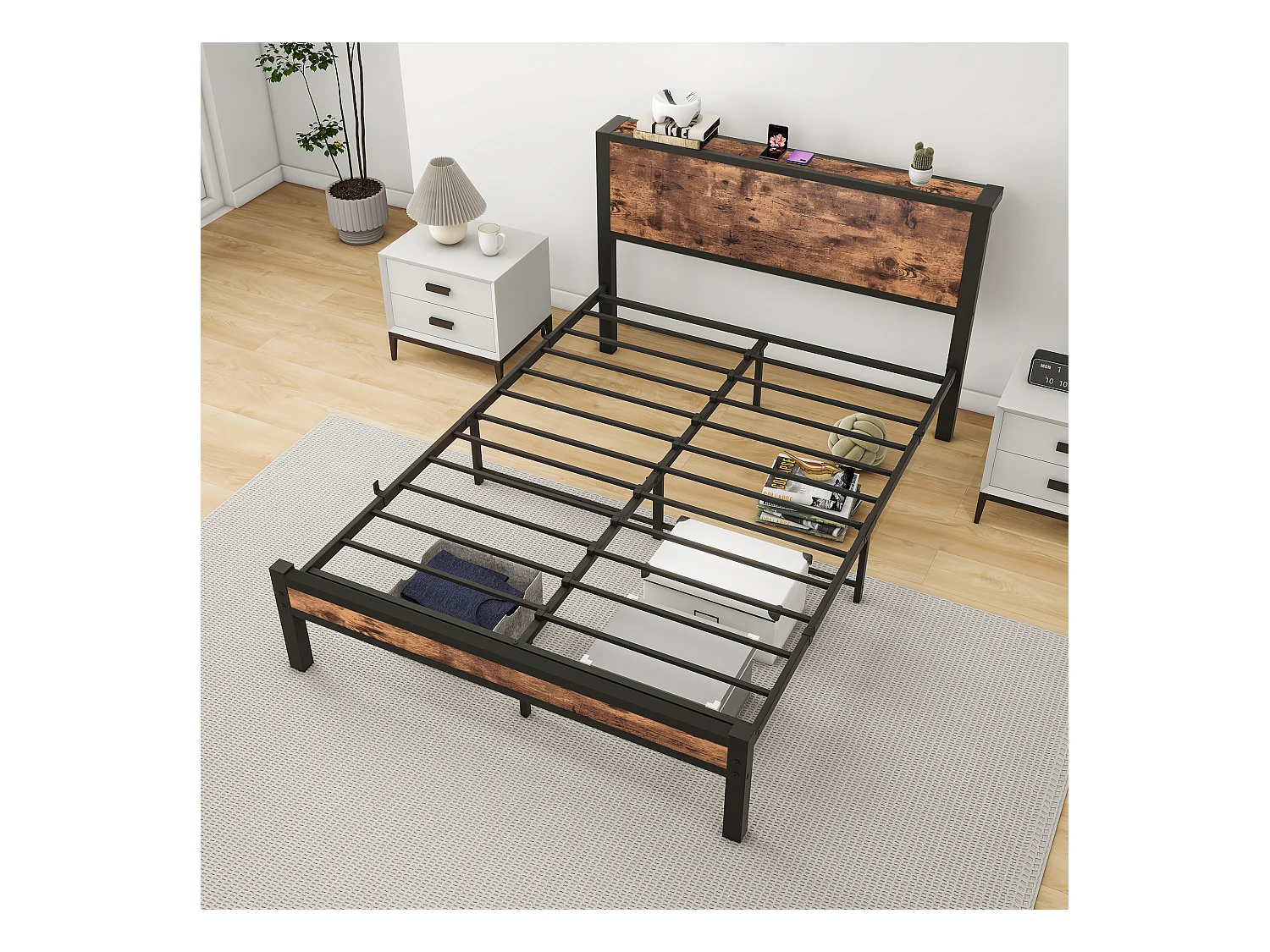 Cama para adultos 140x200 cm - Estructura de cama con cabecero y espacio de almacenaje bajo la cama - marrón - sin colchón