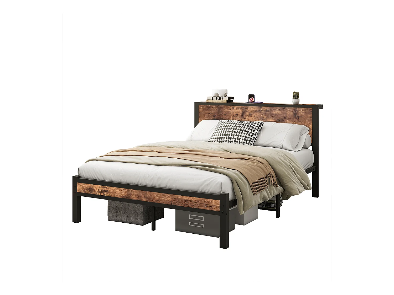 Cama para adultos 140x200 cm - Estructura de cama con cabecero y espacio de almacenaje bajo la cama - marrón - sin colchón