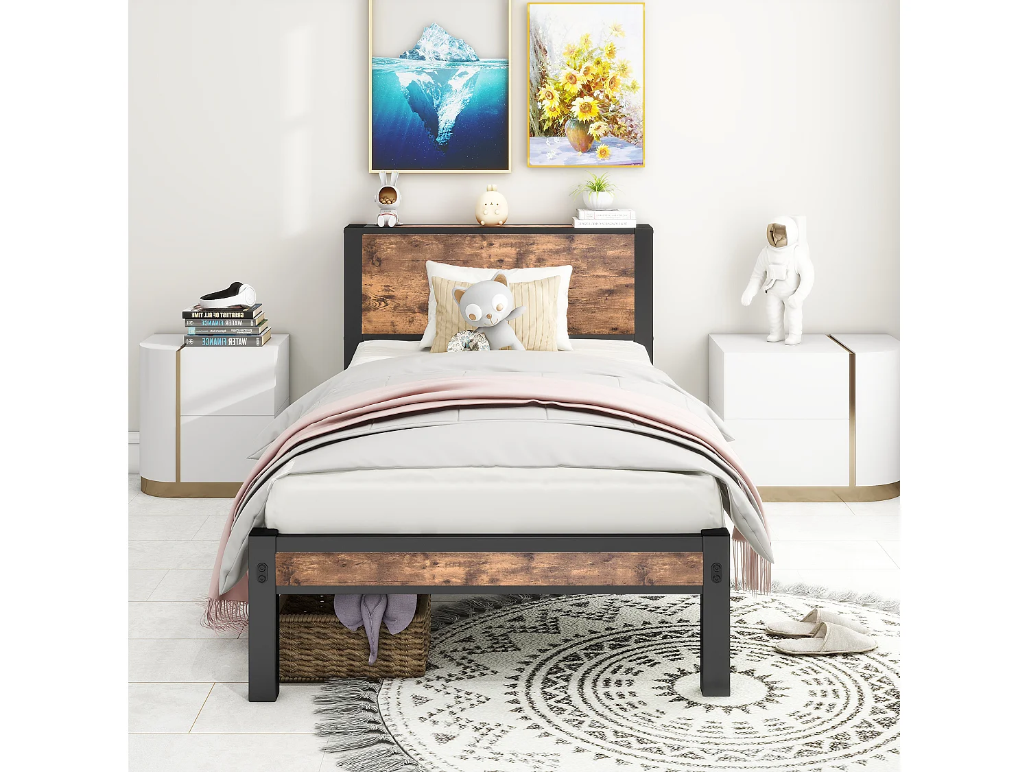 Lit enfant 90x200 cm - Cadre de lit avec tête de lit et rangement sous le lit - marron - sans matelas