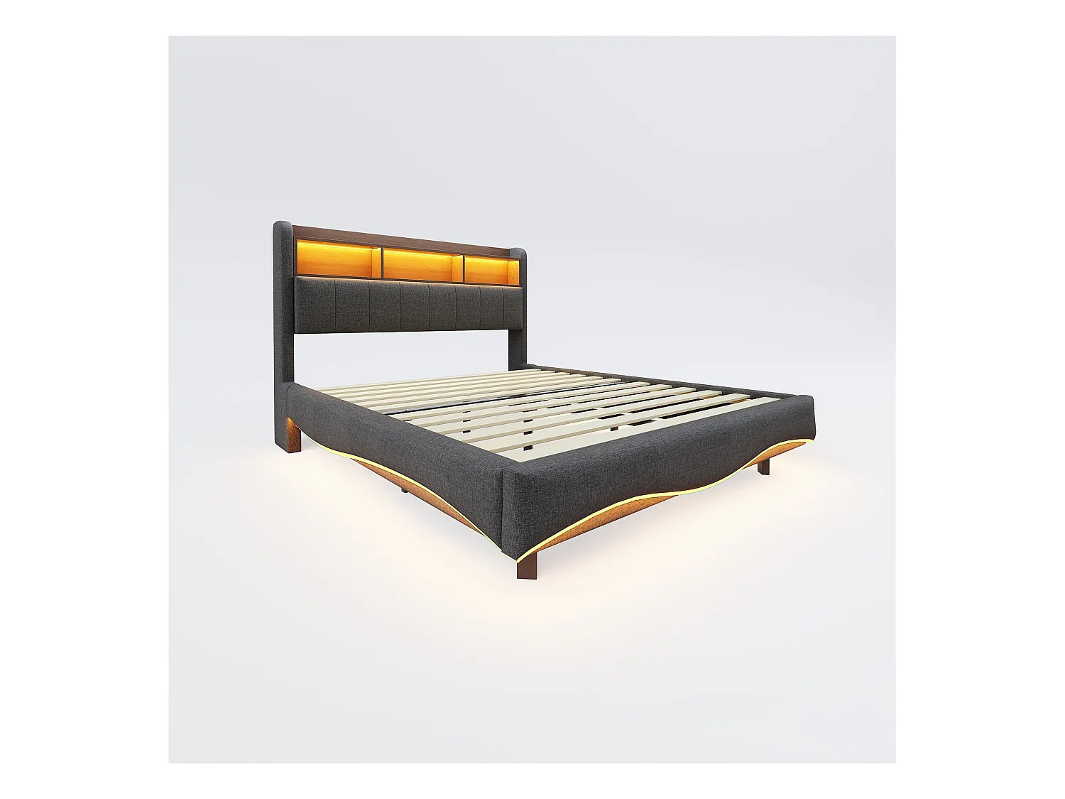 Letto per adulti 160x200 cm - Struttura letto con illuminazione LED e ricarica USB - contenitore aperto - lino grigio