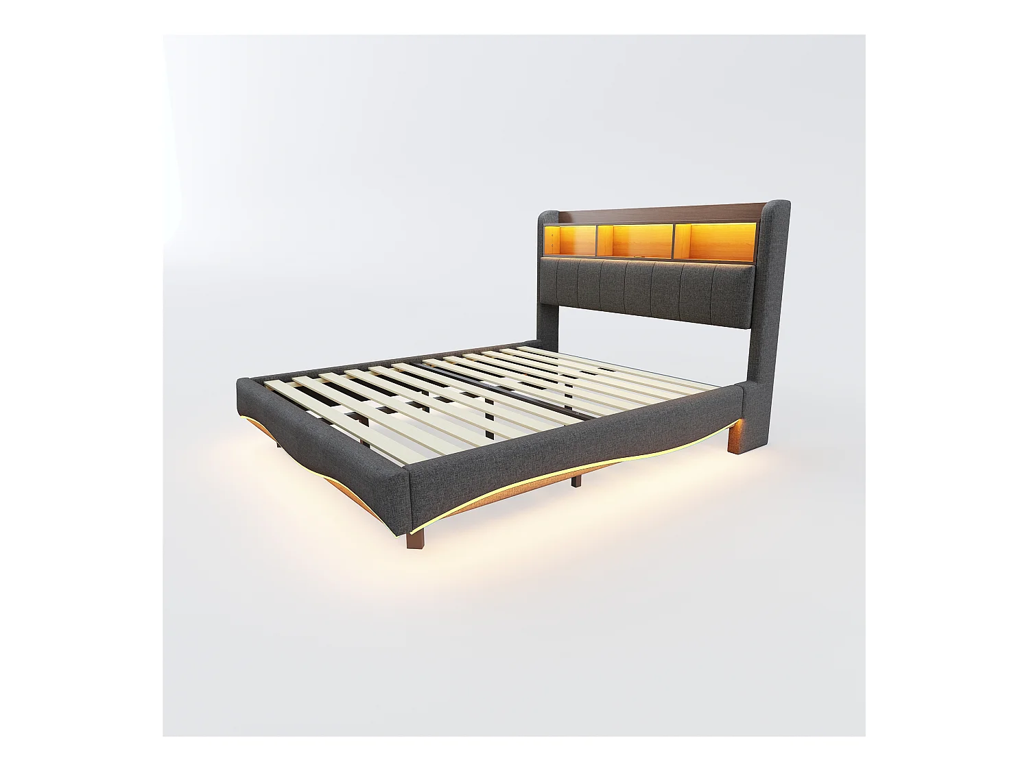 Łóżko dla dorosłych 160x200 cm - łóżko podwójne z oświetleniem LED i ładowaniem USB - schowek - szary len