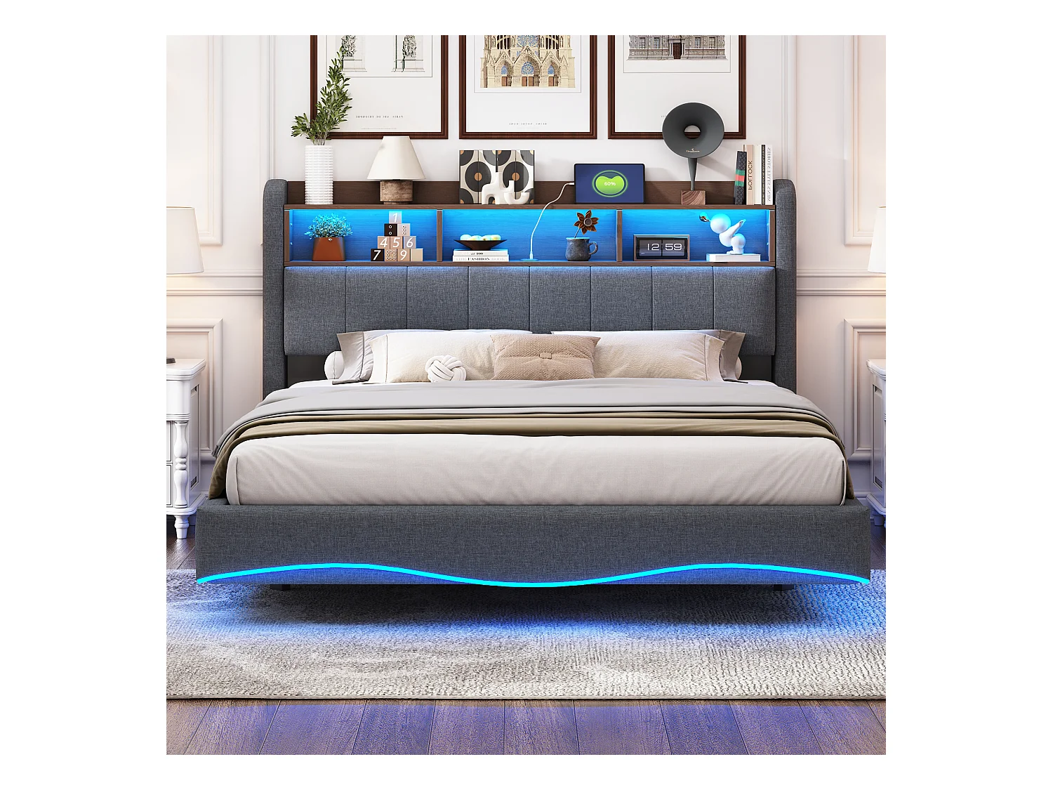 Łóżko dla dorosłych 160x200 cm - łóżko podwójne z oświetleniem LED i ładowaniem USB - schowek - szary len