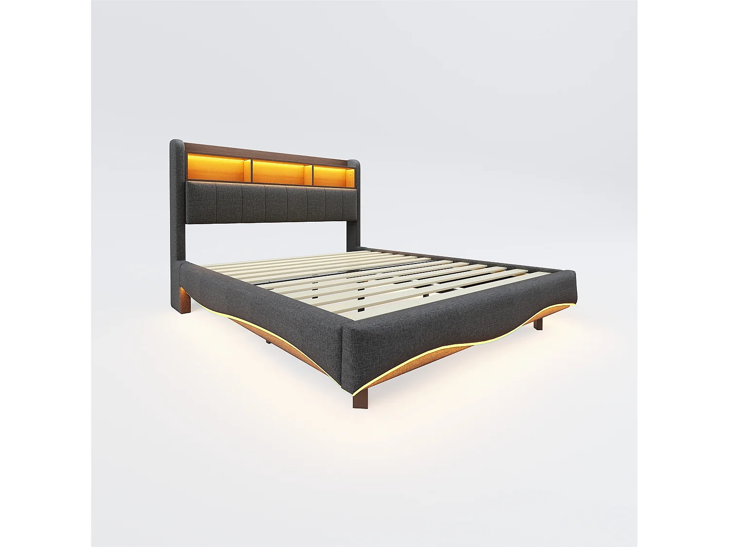 Łóżko dla dorosłych 160x200 cm - łóżko podwójne z oświetleniem LED i ładowaniem USB - schowek - szary len