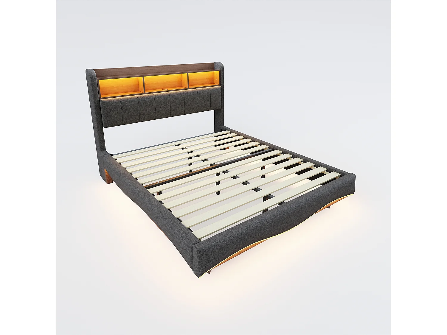 Łóżko dla dorosłych 160x200 cm - łóżko podwójne z oświetleniem LED i ładowaniem USB - schowek - szary len