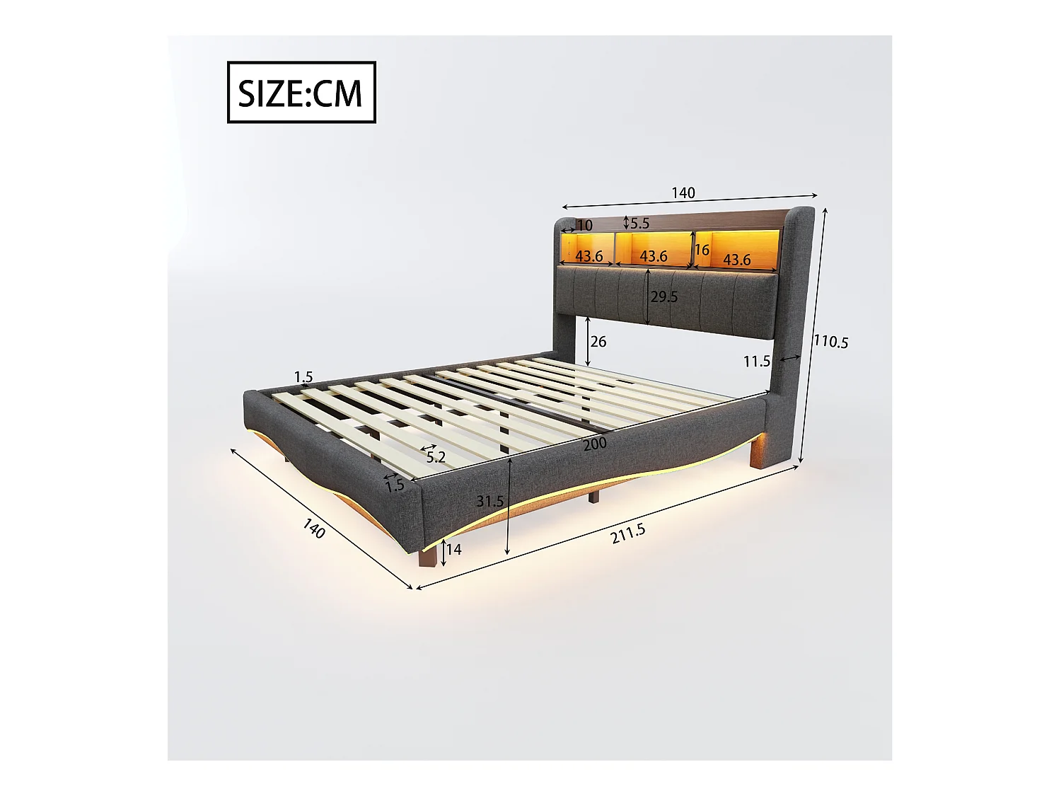 Cama de adulto 140x200 cm - Cama de casal com iluminação LED e carregamento USB - compartimento aberto - linho cinzento