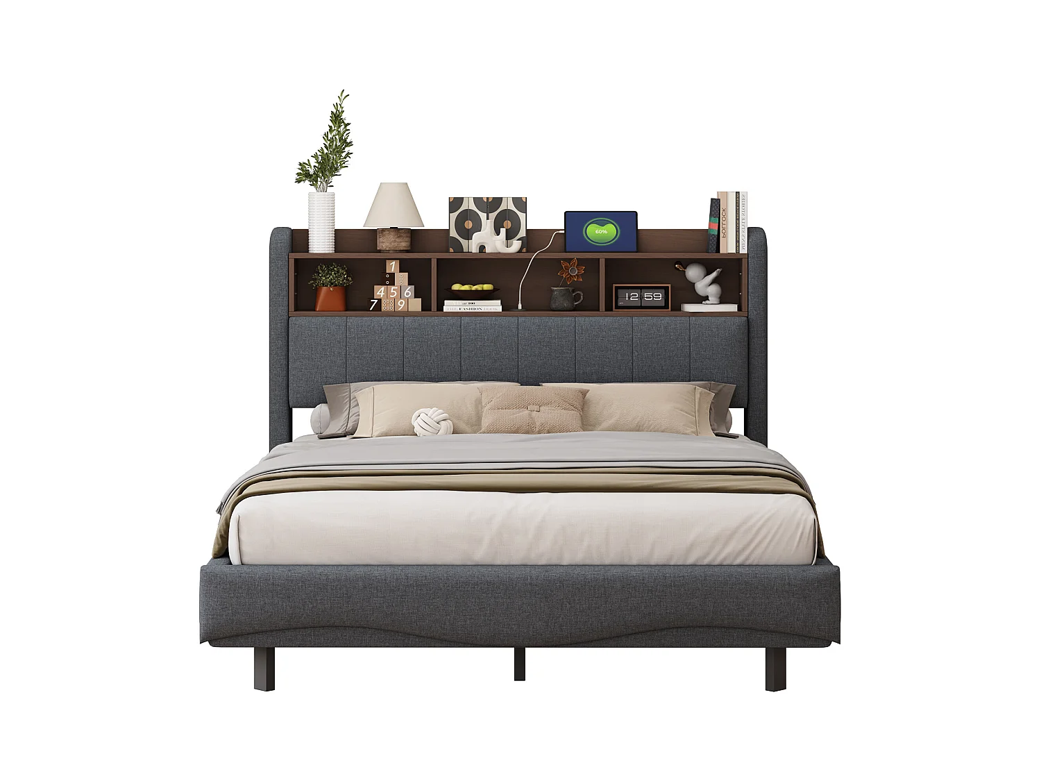 Cama de adulto 140x200 cm - Cama de casal com iluminação LED e carregamento USB - compartimento aberto - linho cinzento