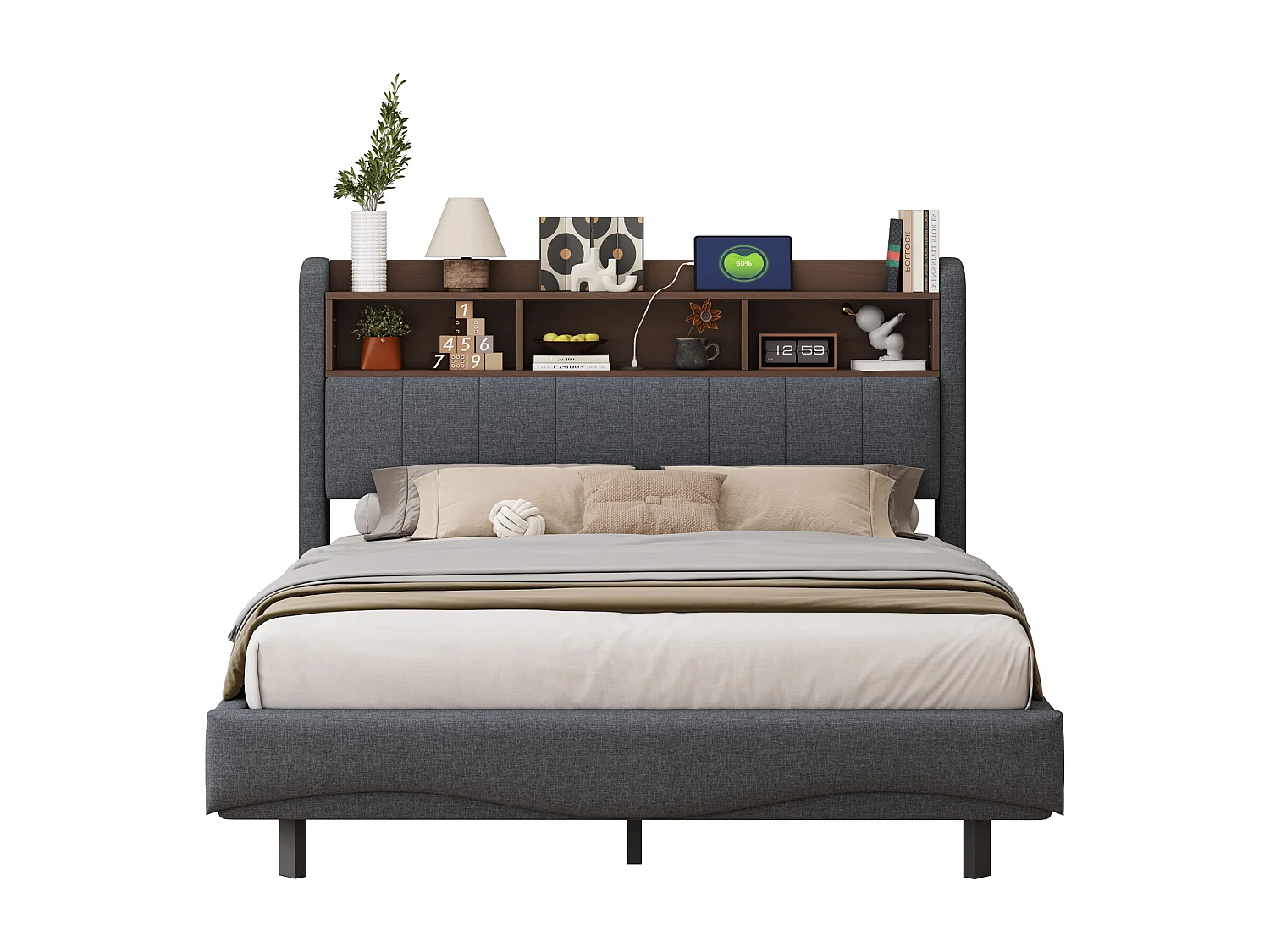 Łóżko dla dorosłych 140x200 cm - łóżko podwójne z oświetleniem LED i ładowaniem USB - schowek - szary len