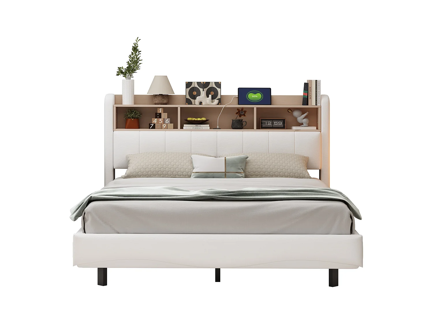 Erwachsenenbett 160x200 cm - Bettrahmen mit LED-Beleuchtung und USB-Ladefunktion - offener stauraum - beiges leinen