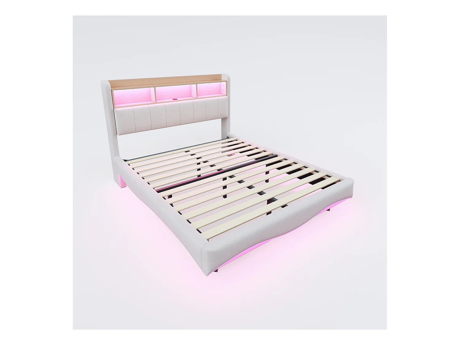 Łóżko dla dorosłych 160x200 cm - łóżko podwójne z oświetleniem LED i ładowaniem USB - schowek - beżowy len