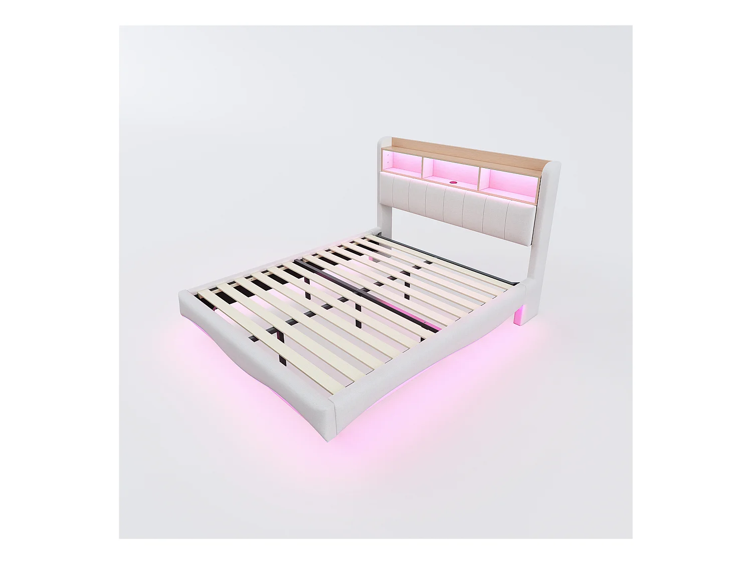 Łóżko dla dorosłych 160x200 cm - łóżko podwójne z oświetleniem LED i ładowaniem USB - schowek - beżowy len