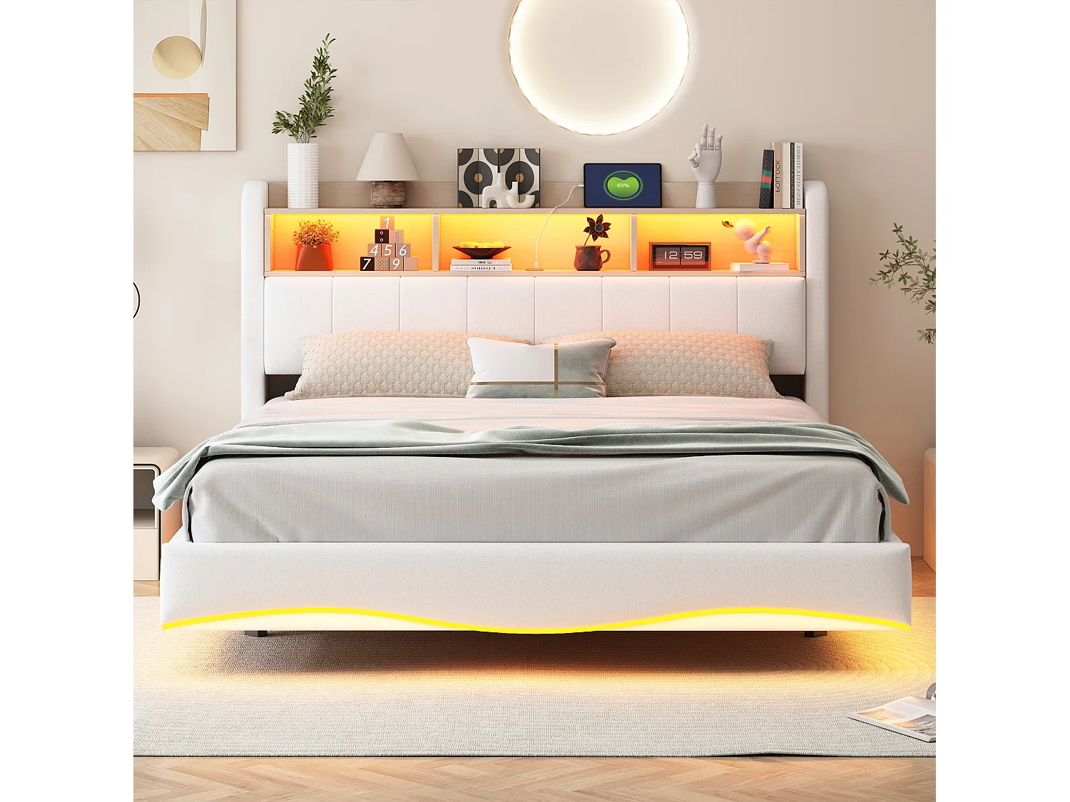 Łóżko dla dorosłych 160x200 cm - łóżko podwójne z oświetleniem LED i ładowaniem USB - schowek - beżowy len