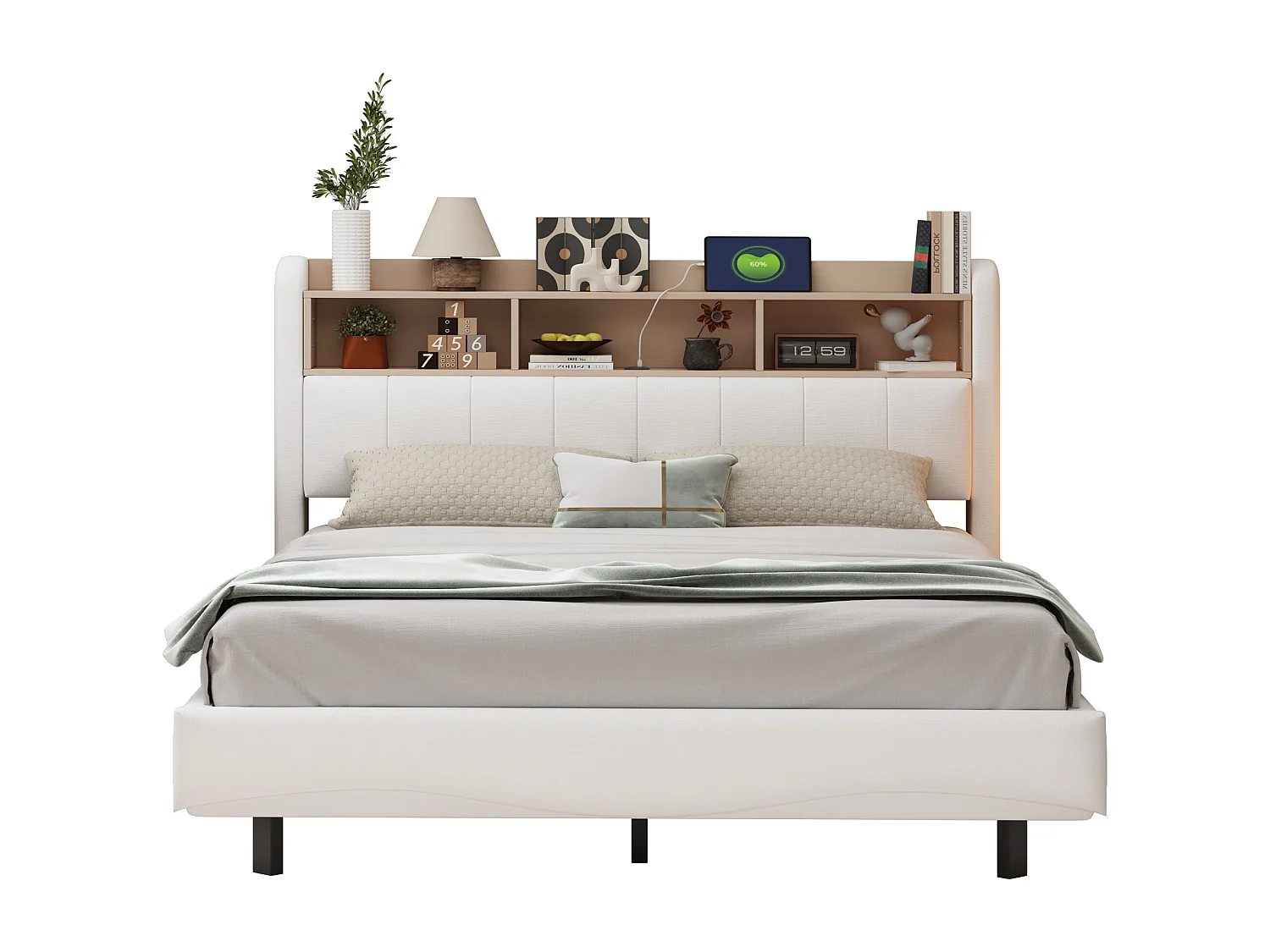 Łóżko dla dorosłych 160x200 cm - łóżko podwójne z oświetleniem LED i ładowaniem USB - schowek - beżowy len