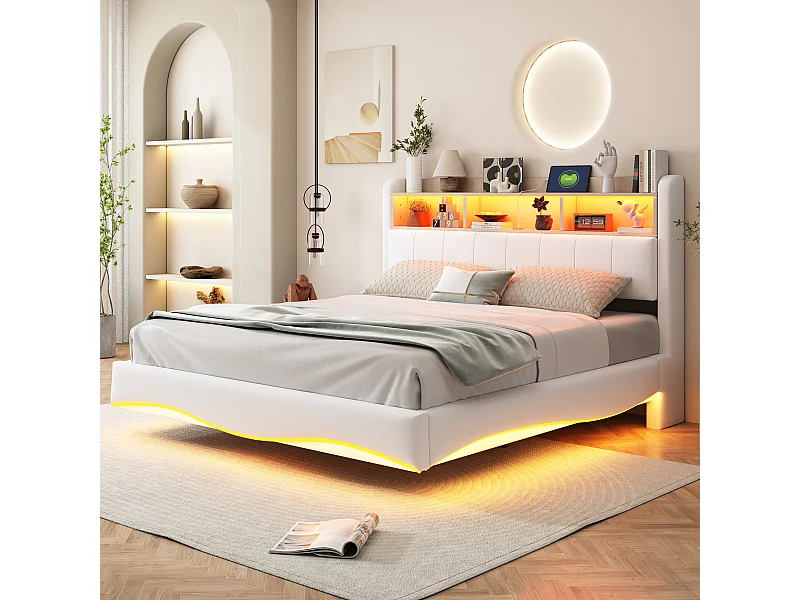 Cama para adultos 160x200 cm - Estructura de cama con iluminación LED y carga USB - almacenaje abierto - lino beige