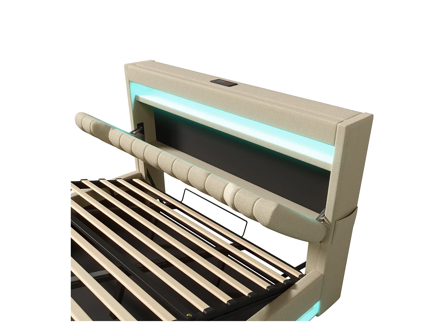 Letto contenitore 140x200 cm - Letto per bambini con illuminazione LED e ricarica USB - testiera contenitore - lino beige