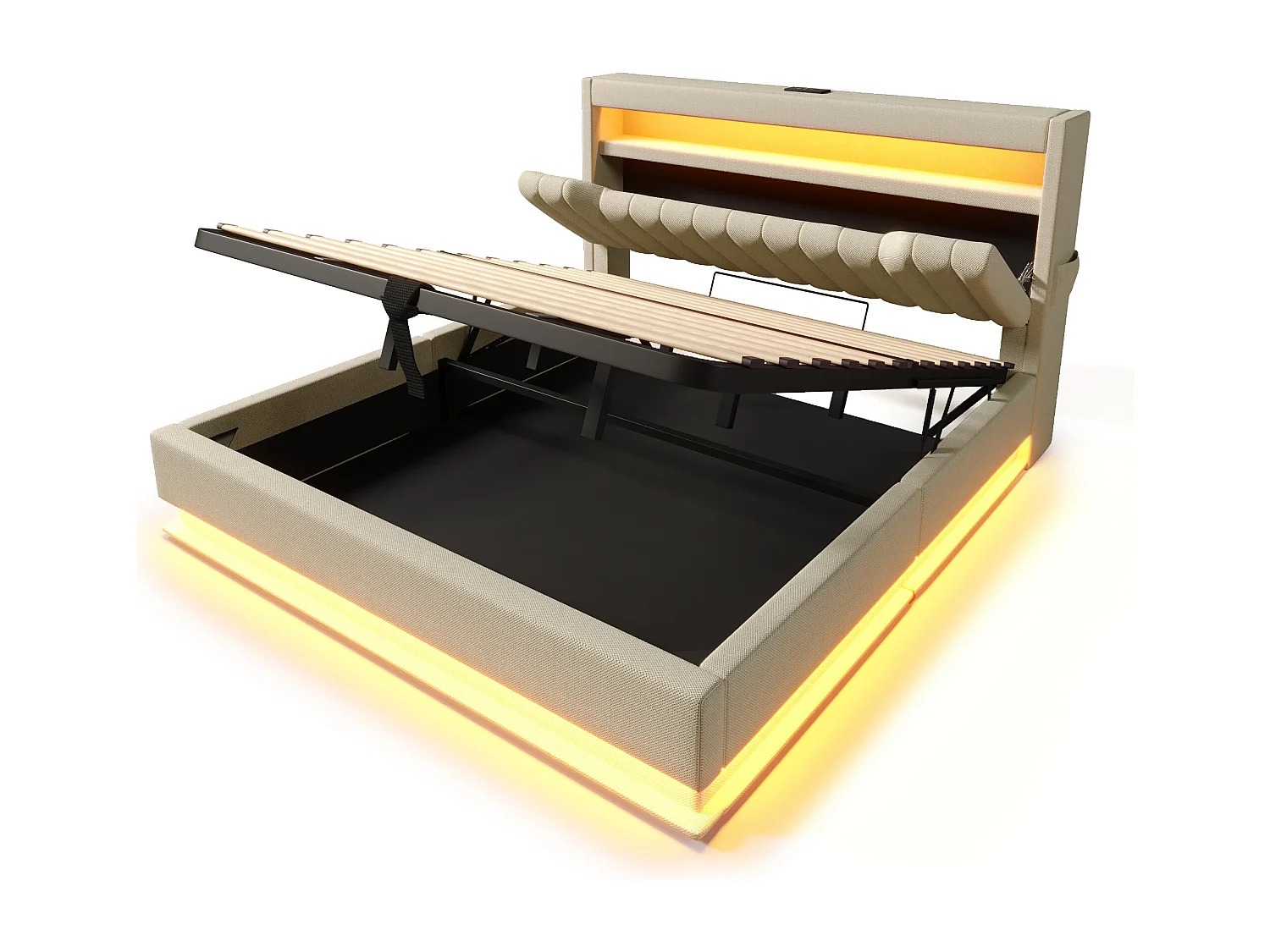 Letto contenitore 140x200 cm - Letto per bambini con illuminazione LED e ricarica USB - testiera contenitore - lino beige