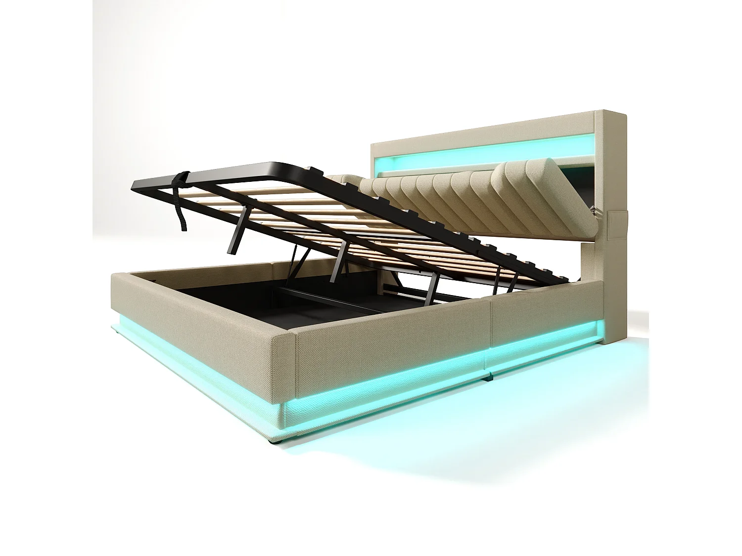 Stauraumbett 140x200 cm - Kinderbett mit LED-Beleuchtung und USB-Ladefunktion - stauraum-kopfteil - beiges leinen