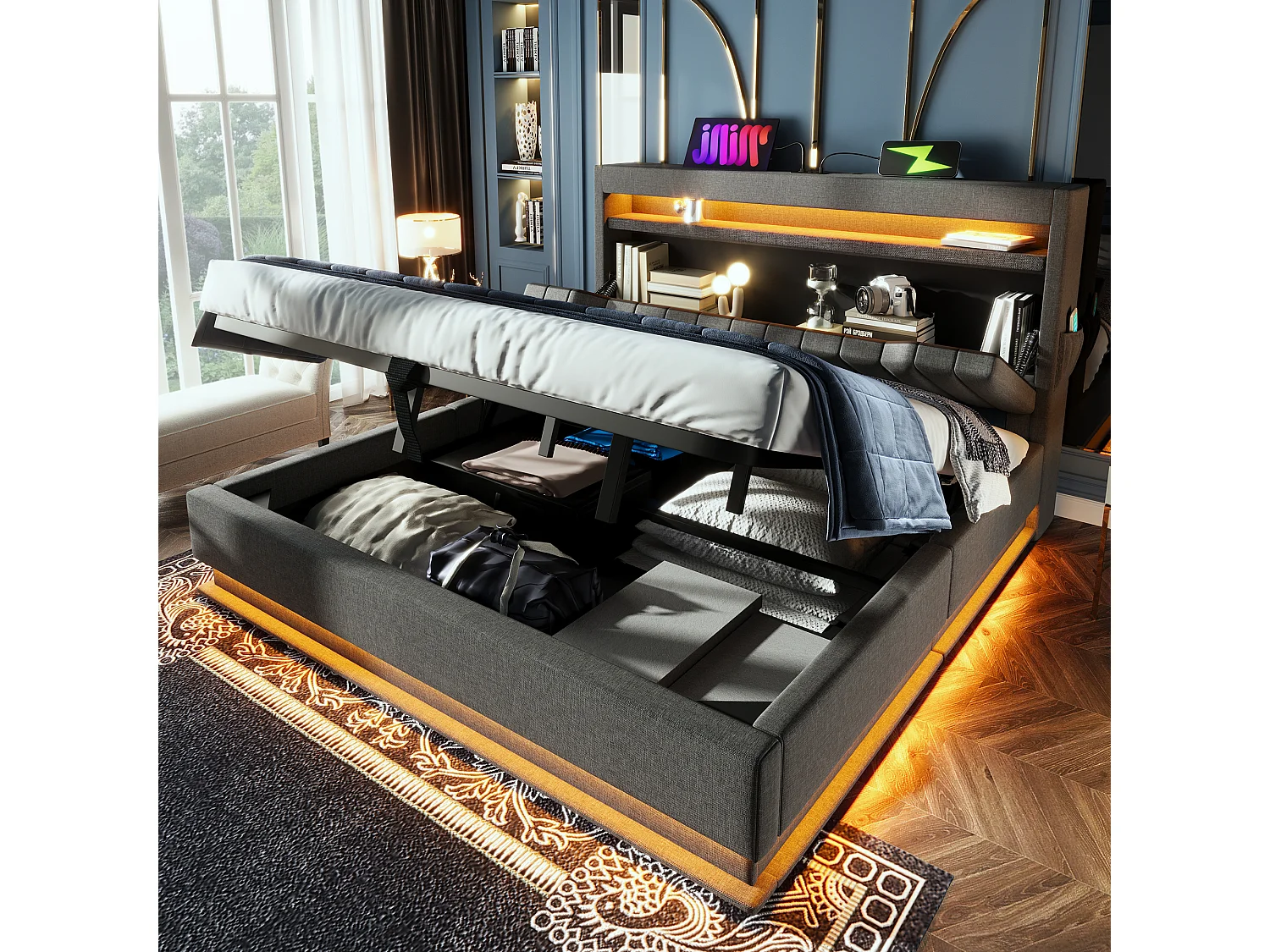 Stauraumbett 140x200 cm - Kinderbett mit LED-Beleuchtung und USB-Ladefunktion - stauraum-kopfteil - graues leinen