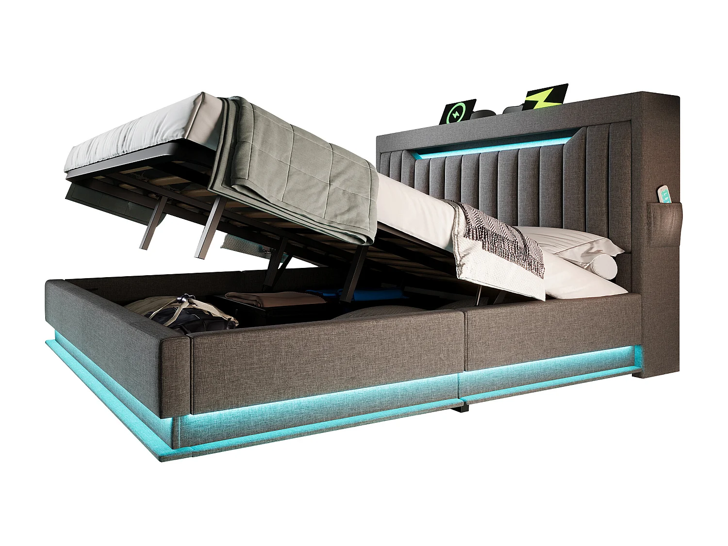 Stauraumbett 140x200 cm - Kinderbett mit LED-Beleuchtung und USB-Ladefunktion - stauraum-kopfteil - graues leinen