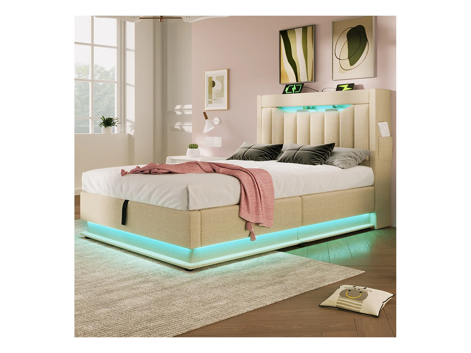 Letto contenitore 90x200 cm - Letto per bambini con illuminazione LED e ricarica USB - testiera contenitore - lino beige