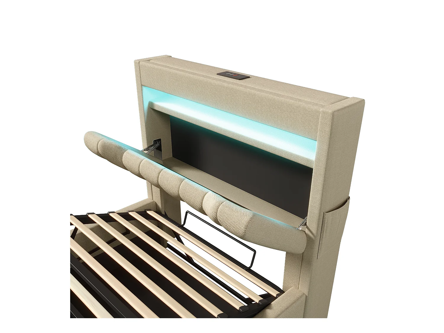 Letto contenitore 90x200 cm - Letto per bambini con illuminazione LED e ricarica USB - testiera contenitore - lino beige