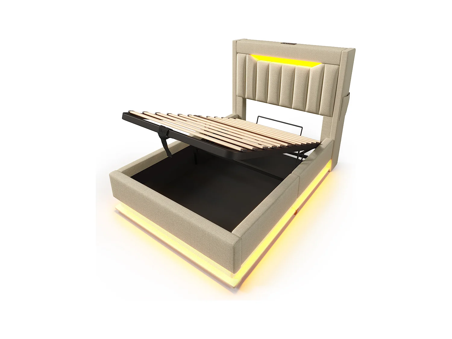 Letto contenitore 90x200 cm - Letto per bambini con illuminazione LED e ricarica USB - testiera contenitore - lino beige