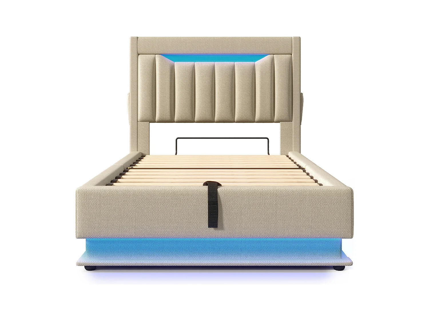 Letto contenitore 90x200 cm - Letto per bambini con illuminazione LED e ricarica USB - testiera contenitore - lino beige