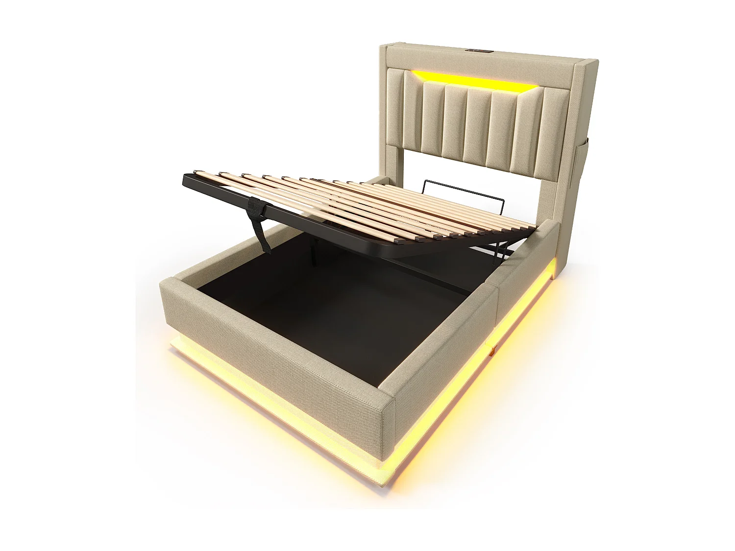 Stauraumbett 90x200 cm - Kinderbett mit LED-Beleuchtung und USB-Ladefunktion - stauraum-kopfteil - beiges leinen