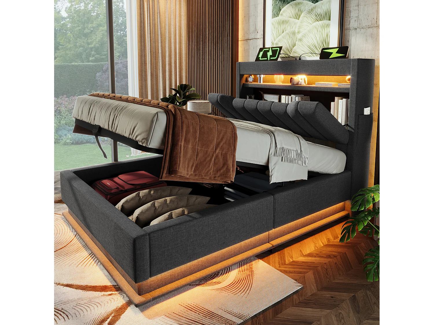 Stauraumbett 90x200 cm - Kinderbett mit LED-Beleuchtung und USB-Ladefunktion - stauraum-kopfteil - graues leinen