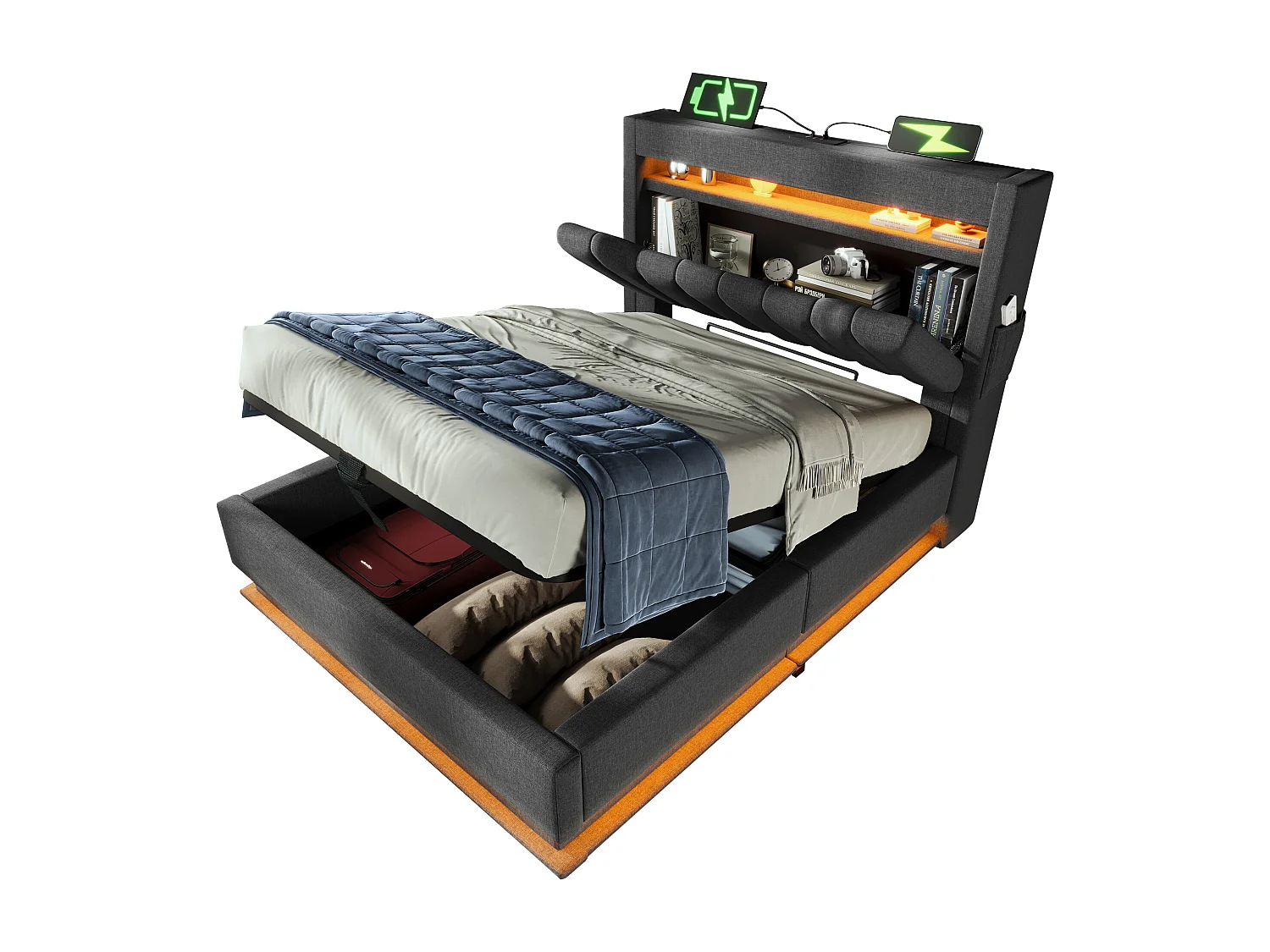 Stauraumbett 90x200 cm - Kinderbett mit LED-Beleuchtung und USB-Ladefunktion - stauraum-kopfteil - graues leinen