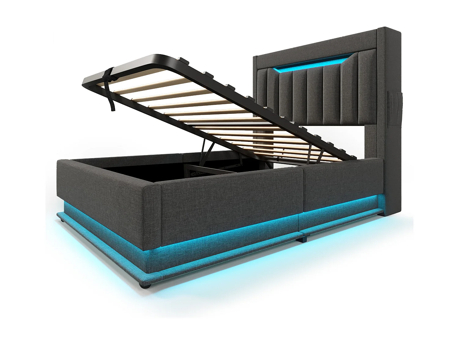 Letto contenitore 90x200 cm - Letto per bambini con illuminazione LED e ricarica USB - testiera contenitore - lino grigio