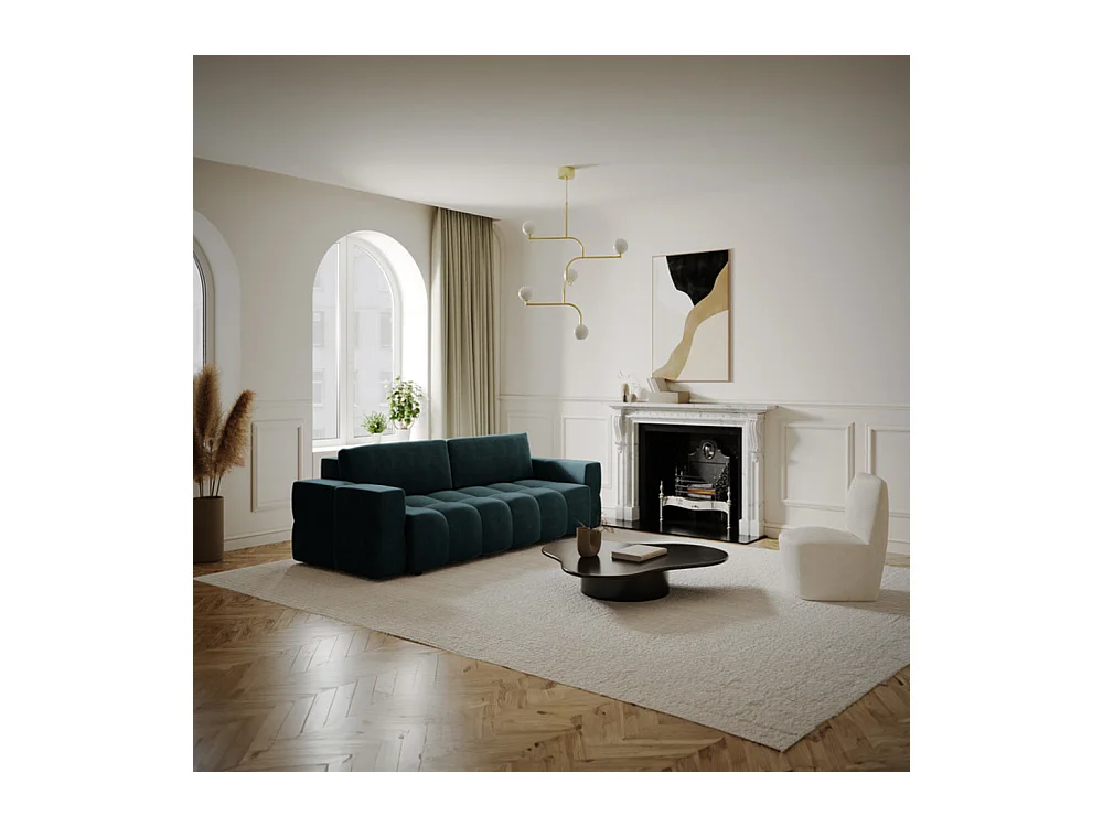 Canapé 4 places convertible coffre noyer velours bleu paon GABRIEL